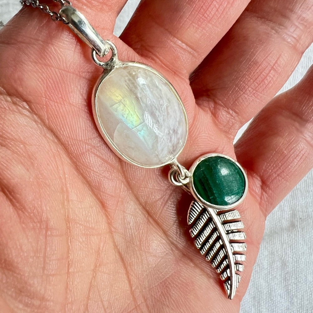 925 Spirit Feather Rainbow Flash Moonstone + Malachite Necklace Pendant